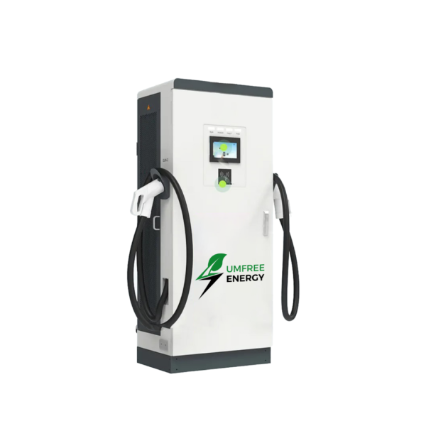Supercargador blanco Umfree Energy para vehículos eléctricos | Doble conector, pantalla táctil, diseño vertical y tecnología de carga rápida DC