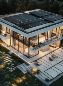 Vista aérea de una casa moderna y minimalista rodeada de naturaleza, equipada con paneles solares en el techo y luces cálidas que destacan su diseño elegante.