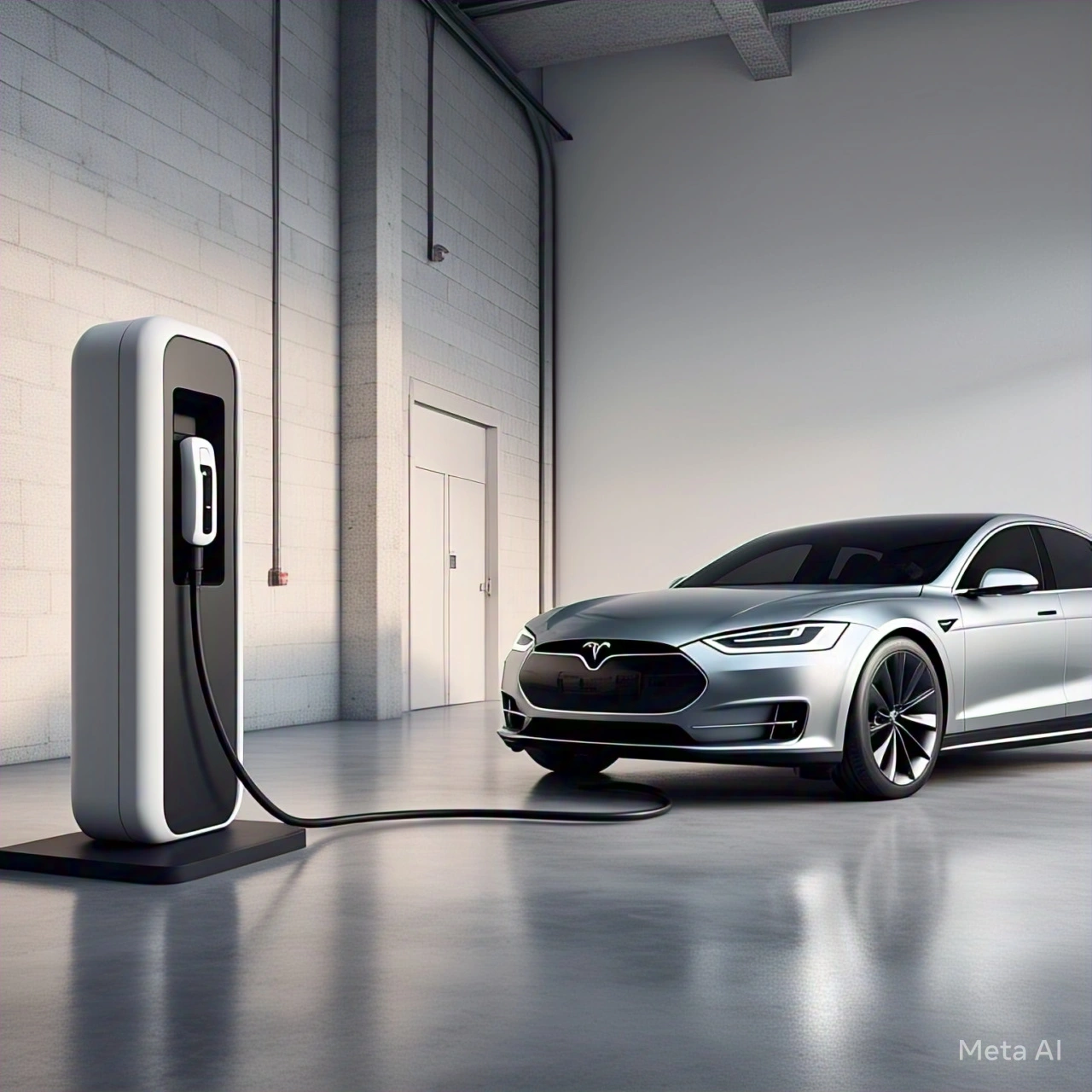 Un cargador eléctrico minimalista y elegante conectado a un vehículo eléctrico moderno en un entorno de garaje sofisticado.