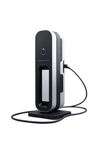 Cargador eléctrico de diseño minimalista y moderno con cable conectado, en un fondo neutro y elegante.