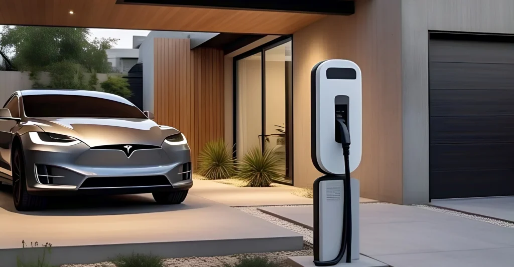 Estación de carga eléctrica residencial moderna con un auto Tesla estacionado, rodeado de un diseño arquitectónico contemporáneo y paisajismo minimalista.