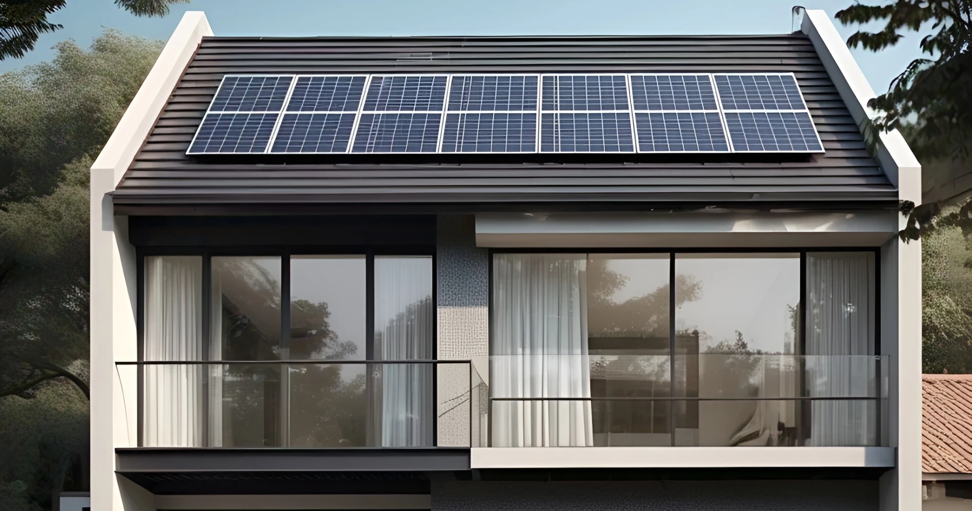 Casa moderna de diseño minimalista con amplios ventanales y paneles solares instalados en el techo inclinado, rodeada de un entorno natural al atardecer.