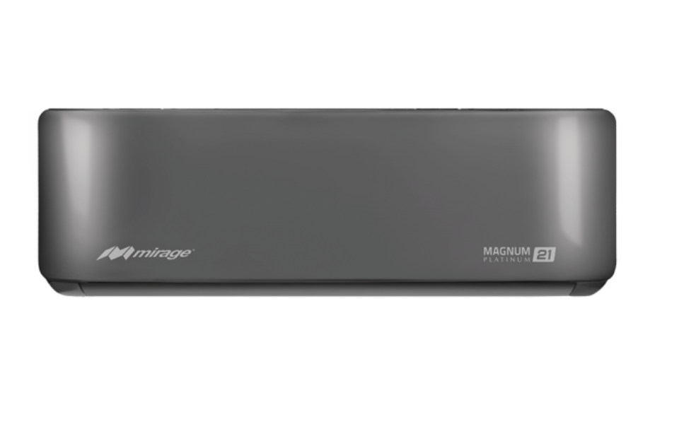 Aire acondicionado minisplit Mirage Magnum Platinum 21 en color gris, diseño moderno y elegante con tecnología de alta eficiencia energética.