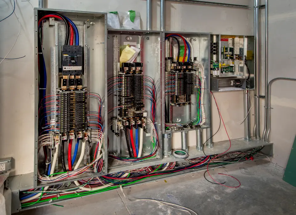 Panel eléctrico industrial en proceso de instalación con cableado organizado y conexiones de alto voltaje.