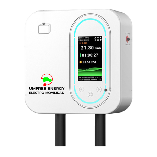 Cargador de pared UMF-W11 de Umfree Energy | Pantalla LCD a color, botón de emergencia, diseño compacto con doble salida y lectura de carga en tiempo real