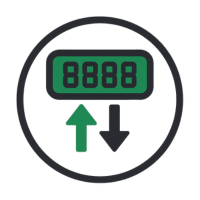 Ícono plano de medidor bidireccional con pantalla digital y flechas que indican entrada y salida de energía.
