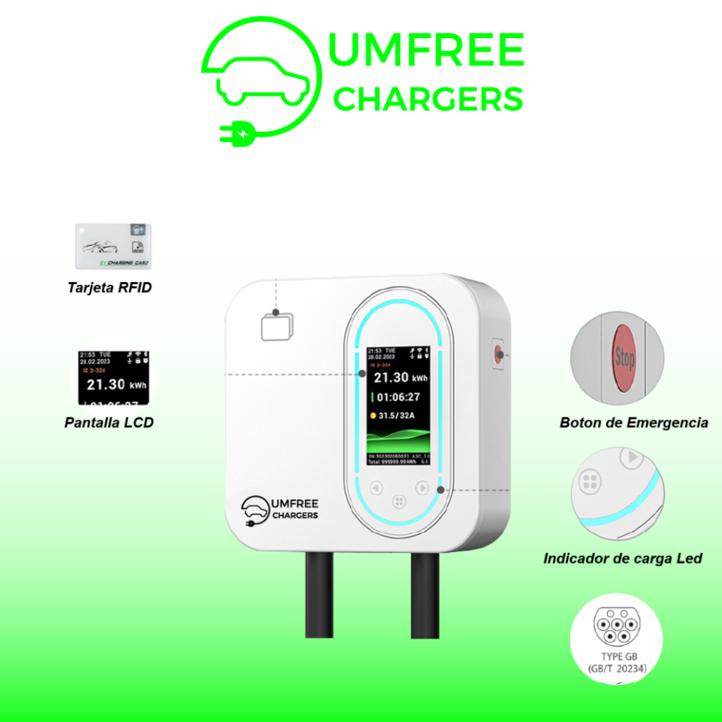 Cargador eléctrico para autos UMFREE | Modelo con pantalla LCD, botón de emergencia, indicador LED, tarjeta RFID y conector tipo GB/T 20234
